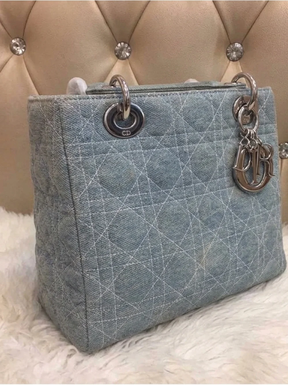 Dior Denim Blue Cannage Satchel with Clear Handles